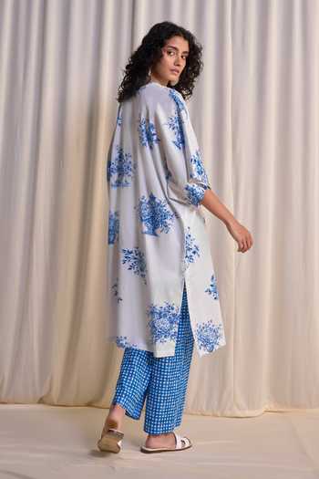 Shop_Dash And Dot_Blue Cotton, Linen Collared Neck Porcelain Print Shirt Kaftan And Pant Set _at_Aza_Fashions