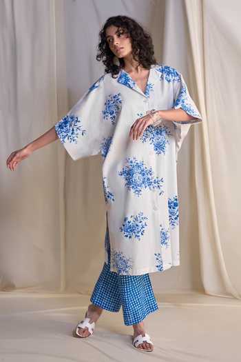 Dash And Dot_Blue Cotton, Linen Collared Neck Porcelain Print Shirt Kaftan And Pant Set _Online_at_Aza_Fashions