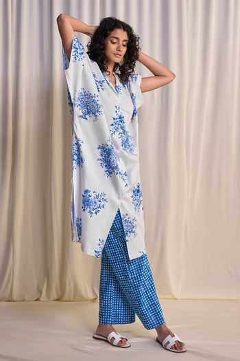 Buy_Dash And Dot_Blue Cotton, Linen Collared Neck Porcelain Print Shirt Kaftan And Pant Set _Online_at_Aza_Fashions