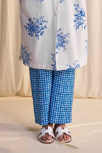 Shop_Dash And Dot_Blue Cotton, Linen Collared Neck Porcelain Print Shirt Kaftan And Pant Set _Online_at_Aza_Fashions