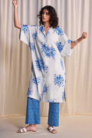Buy_Dash And Dot_Blue Cotton, Linen Collared Neck Porcelain Print Shirt Kaftan And Pant Set _at_Aza_Fashions