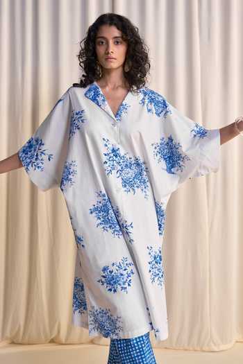 Dash And Dot_Blue Cotton, Linen Collared Neck Porcelain Print Shirt Kaftan And Pant Set _at_Aza_Fashions