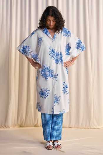 Buy_Dash And Dot_Blue Cotton, Linen Collared Neck Porcelain Print Shirt Kaftan And Pant Set 