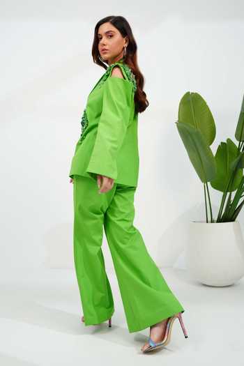 Vidhi Wadhwani_Green Twill, Cotton Beads, Applique Arfia Embroidered Blazer And Pant Set _at_Aza_Fashions