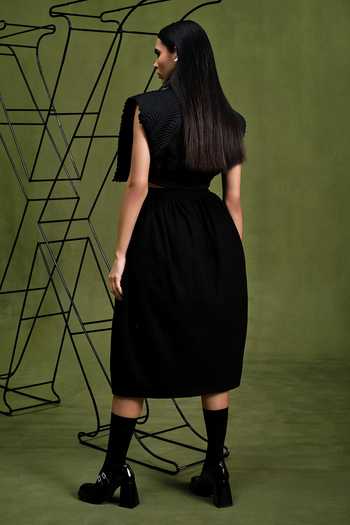 Shop_Pankaj & Nidhi_Black Satin, Wool Embroidery Collared Samurai Quilted Jacket And Skirt Set _at_Aza_Fashions