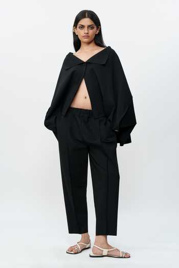 Buy_AK-OK_Black Spandex Off-shoulder Structured Jacket And Trouser Co-ord Set _Online_at_Aza_Fashions