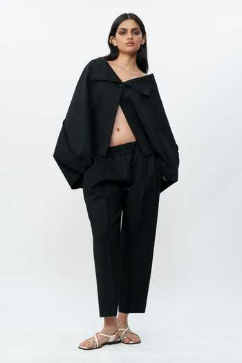 AK-OK_Black Spandex Off-shoulder Structured Jacket And Trouser Co-ord Set _at_Aza_Fashions