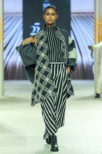Shop_KA-Sha_Black Cotton High Neck And White Handspun Jacket _Online_at_Aza_Fashions