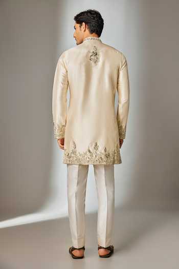 Shop_Salil Bhatia_Beige Silk Zari Embroidered Kurta Set _at_Aza_Fashions