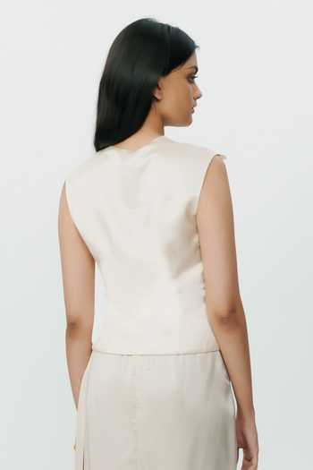 Shop_AK-OK_Ivory Silk Mandarin Collar Lace Chikankari Waistcoat _at_Aza_Fashions