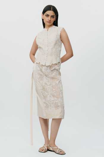 AK-OK_Ivory Silk Mandarin Collar Lace Chikankari Waistcoat _Online
