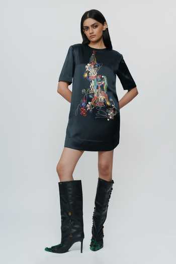 Buy_AK-OK_Black Silk Round Neck Abstract Print Short Dress _at_Aza_Fashions