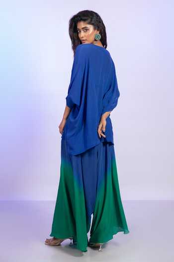 Shop_Vishwa By Pinki Sinha_Blue Crepe V-neck Kaftan Top And Ombre Draped Pant Set _at_Aza_Fashions