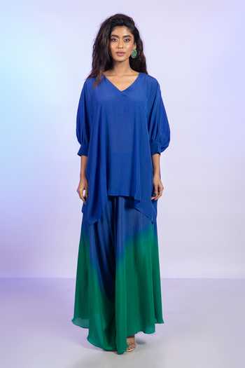 Shop_Vishwa By Pinki Sinha_Blue Crepe V-neck Kaftan Top And Ombre Draped Pant Set _Online_at_Aza_Fashions