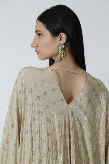 Shop_Chhaya Mehrotra_Beige Silk Rhinestones V-neck Gold Embellished Kaftan _at_Aza_Fashions