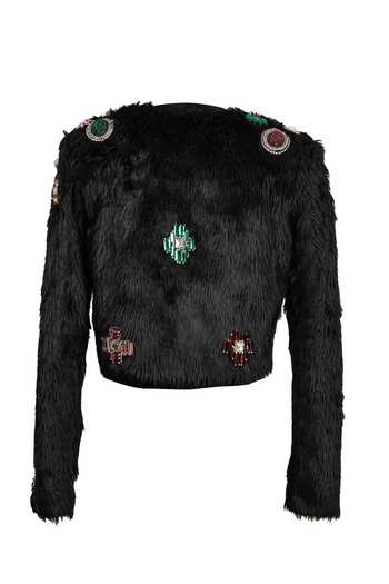 Shop_Karn Malhotra_Black Faux Leather, Polyester Crystals Open Neck Fur Embellished Jacket _at_Aza_Fashions