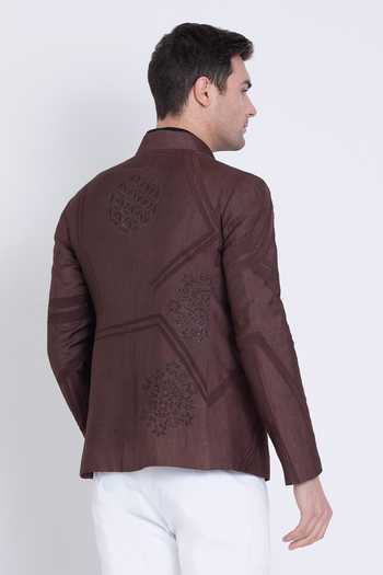 Shop_Arun verma_Brown Silk Embroidery, Applique Front Zipper Jacket _at_Aza_Fashions