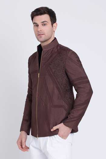 Buy_Arun verma_Brown Silk Embroidery, Applique Front Zipper Jacket 