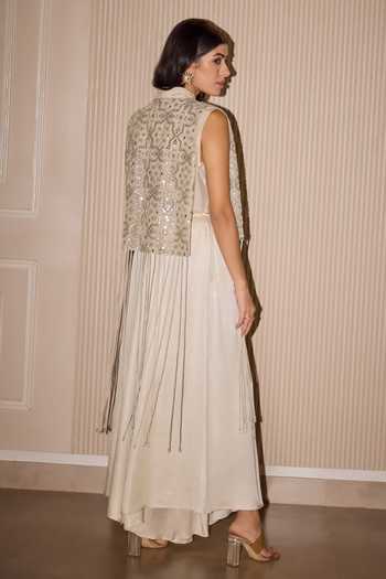 Shop_Twenty Nine_Silver Tulle Mirrors, Beads Open Neck Hand Embroidered Short Jacket _at_Aza_Fashions