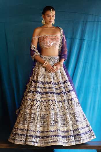 Buy_ANGAD SINGH_Blue Silk Off-shoulder Sitara Mirror Work Raw Lehenga Set _at_Aza_Fashions