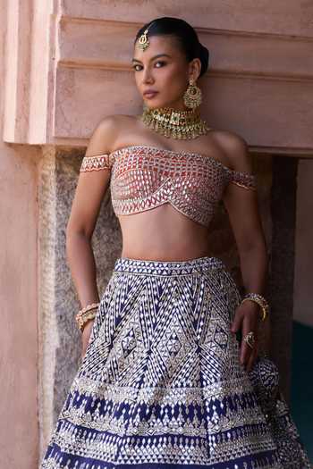 ANGAD SINGH_Blue Silk Off-shoulder Sitara Mirror Work Raw Lehenga Set _Online_at_Aza_Fashions