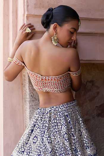 Shop_ANGAD SINGH_Blue Silk Off-shoulder Sitara Mirror Work Raw Lehenga Set _Online_at_Aza_Fashions