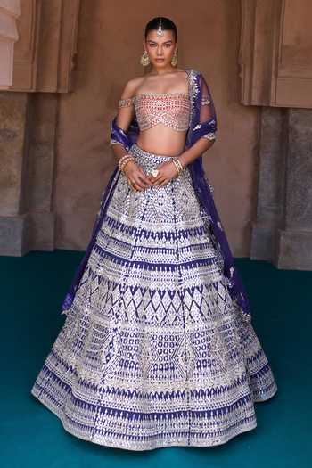 ANGAD SINGH_Blue Silk Off-shoulder Sitara Mirror Work Raw Lehenga Set _at_Aza_Fashions