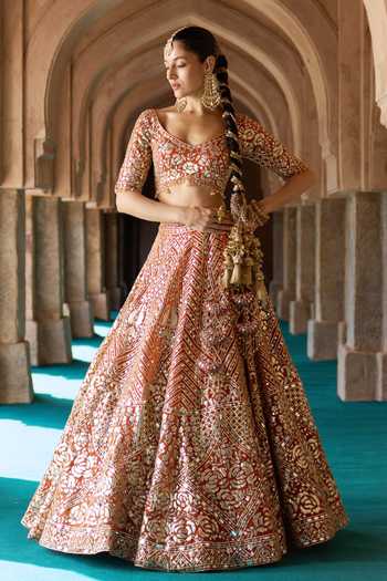 ANGAD SINGH_Orange Organza V-neck Tej Embroidered Lehenga Set _Online