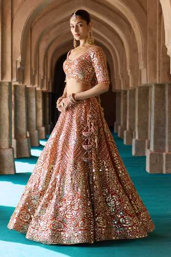Buy_ANGAD SINGH_Orange Organza V-neck Tej Embroidered Lehenga Set _Online