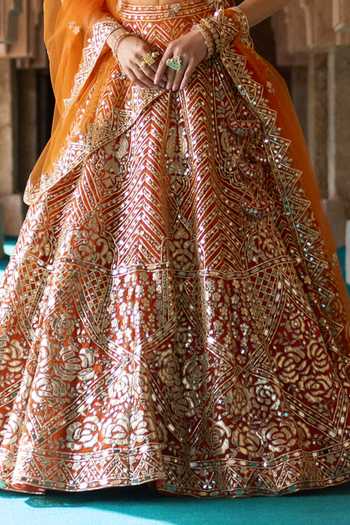 ANGAD SINGH_Orange Organza V-neck Tej Embroidered Lehenga Set 