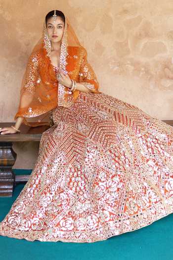 ANGAD SINGH_Orange Organza V-neck Tej Embroidered Lehenga Set 