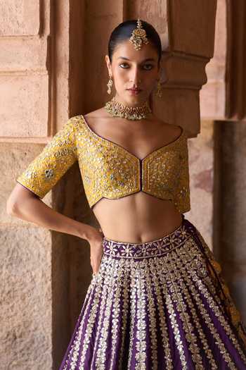 ANGAD SINGH_Purple Silk Sweetheart Neck Raat Rani Embroidered Raw Lehenga Set _Online