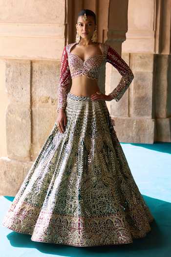 ANGAD SINGH_Green Silk Sweetheart Neck Sukoon Embroidered Raw Lehenga Set _Online