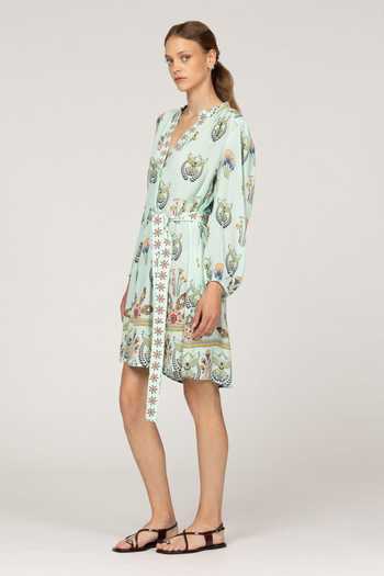 Buy_Inoa_Blue Silk V-neck Allium Pistacia Vera Print Dress With Belt _at_Aza_Fashions