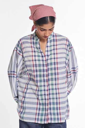 Buy_Payal Pratap_White Handloom Cotton Mandarin Collar, V-neck Susan Oversized Shirt _at_Aza_Fashions