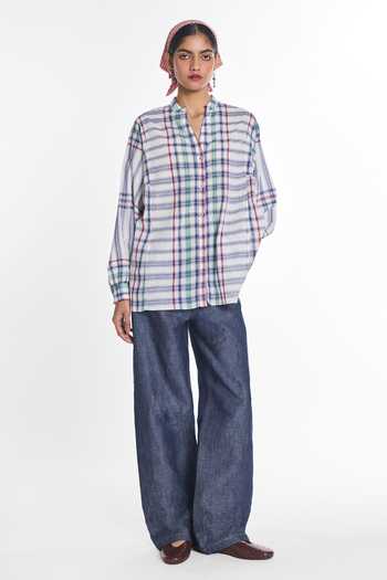 Buy_Payal Pratap_White Handloom Cotton Mandarin Collar, V-neck Susan Oversized Shirt _Online_at_Aza_Fashions