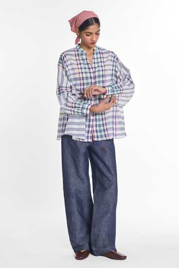 Shop_Payal Pratap_White Handloom Cotton Mandarin Collar, V-neck Susan Oversized Shirt _Online_at_Aza_Fashions