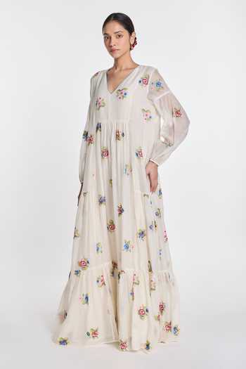 Buy_Payal Pratap_Ivory Silk, Cotton V-neck Vervain Tiered Dress _at_Aza_Fashions