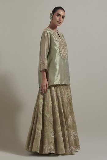Kavita Bhartia_Green Tissue Split V-neck, Yes Hand Embellished Kurta And Skirt Set _Online_at_Aza_Fashions