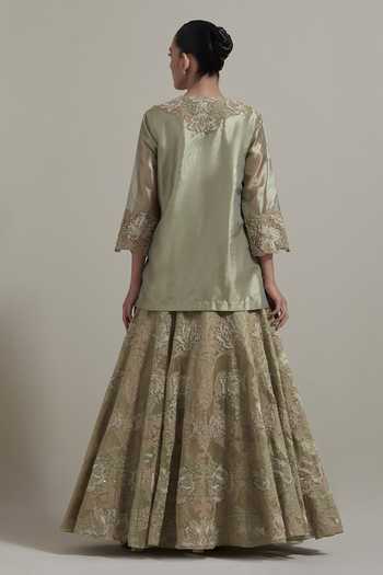 Shop_Kavita Bhartia_Green Tissue Split V-neck, Yes Hand Embellished Kurta And Skirt Set _at_Aza_Fashions
