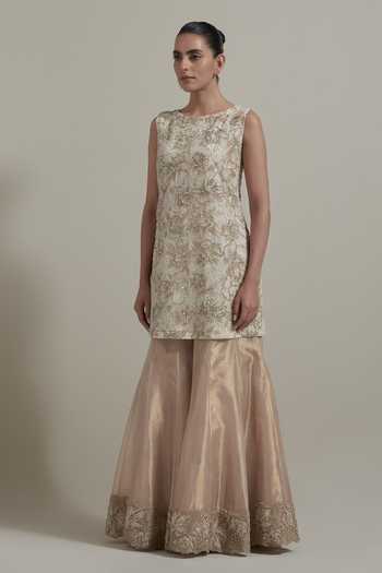 Kavita Bhartia_Ivory Organza, Tissue Round Neck Hand Embellished Kurta Sharara Set _Online_at_Aza_Fashions