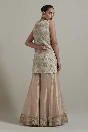 Shop_Kavita Bhartia_Ivory Organza, Tissue Round Neck Hand Embellished Kurta Sharara Set _at_Aza_Fashions