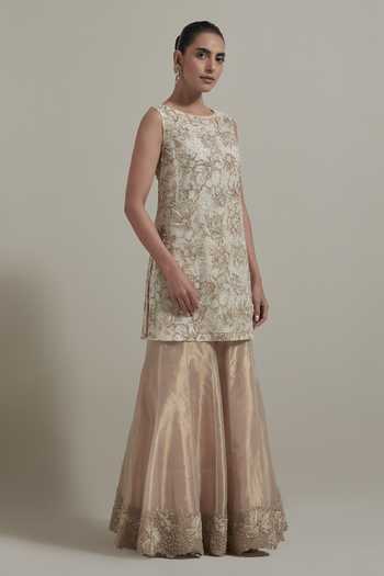 Shop_Kavita Bhartia_Ivory Organza, Tissue Round Neck Hand Embellished Kurta Sharara Set _Online_at_Aza_Fashions