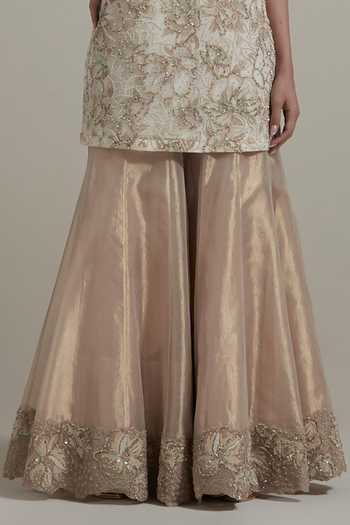 Kavita Bhartia_Ivory Organza, Tissue Round Neck Hand Embellished Kurta Sharara Set _at_Aza_Fashions