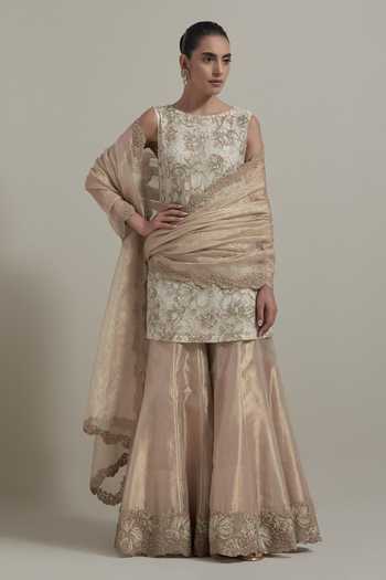 Buy_Kavita Bhartia_Ivory Organza, Tissue Round Neck Hand Embellished Kurta Sharara Set _at_Aza_Fashions
