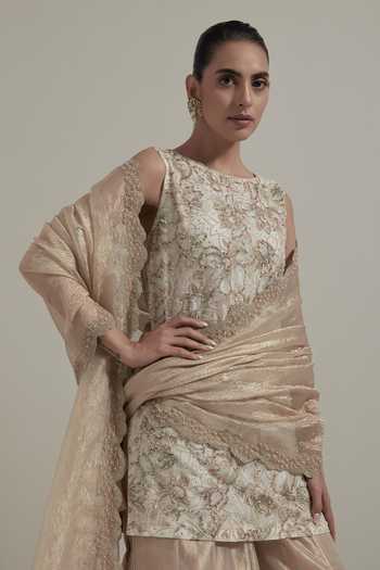 Shop_Kavita Bhartia_Ivory Organza, Tissue Round Neck Hand Embellished Kurta Sharara Set 