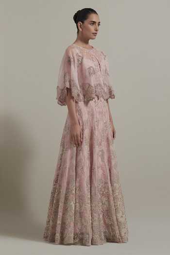 Buy_Kavita Bhartia_Pink Organza Sweetheart Neck Hand Embellished Cape Skirt Set _Online_at_Aza_Fashions