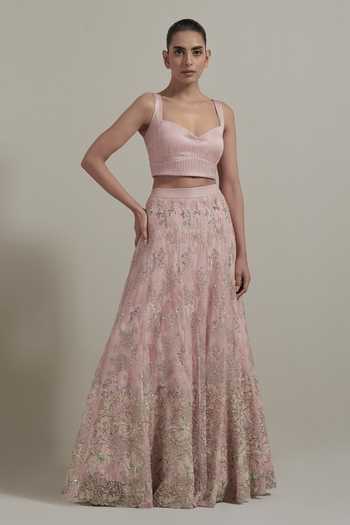 Kavita Bhartia_Pink Organza Sweetheart Neck Hand Embellished Cape Skirt Set _at_Aza_Fashions