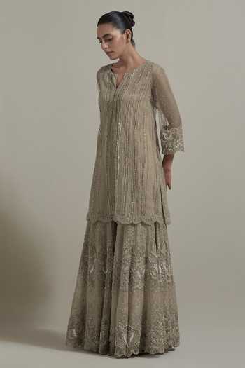 Buy_Kavita Bhartia_Beige Organza, Net Round Neck, Yes Textured Pattern Kurta And Sharara Set _Online_at_Aza_Fashions