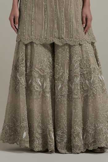 Shop_Kavita Bhartia_Beige Organza, Net Round Neck, Yes Textured Pattern Kurta And Sharara Set _Online_at_Aza_Fashions